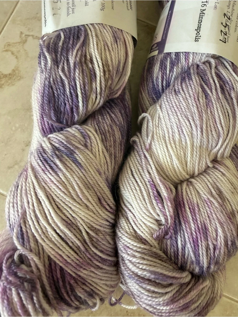 Lorna's Laces Hand-Dyed Yarn — Purple and Cream Speckled Skeins - Minneapolis